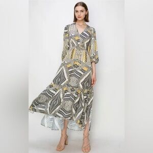 Melloday Print Tie Back Tiered Midi Dress Size S Boho Long Sleeve